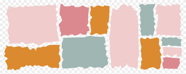 Jagged shapes, ripped paper set. Torn rectangle frames with jagged edges, and textured grunge elements. Silhouettes and vector illustration is isolated in the background. Pastel beige and blue colors