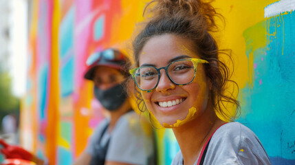 A girl artist participates in a city art project with other artists, paints a mural, and...