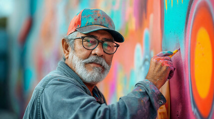 A male artist is participating in a city art project, painting a mural, revitalizing the area. AI...