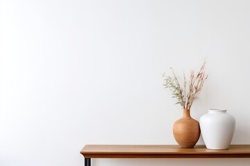 Minimalist white wall in living room, vase for decoration on the table minimal style, copy space