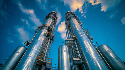 Carbon capture and storage facilities, empty copy space. Oil petrochemical refinery plant with blue sky. AI Generative