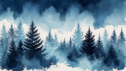 watercolor blue spruce forest with fog background - obrazy, fototapety, plakaty