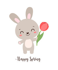 Obraz na płótnie Canvas Adorable vector illustration kawaii rabbit holding a tulip. For Easter greeting card, poster, invitation. Playful and tender touch to spring graphic, bringing joy to designs for children and adults.
