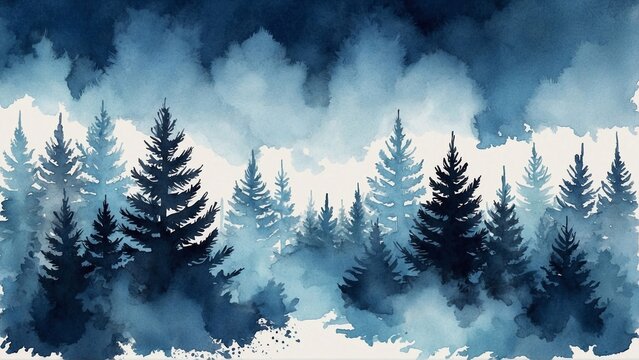 watercolor blue spruce forest with fog background