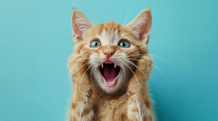 Surprised shocked cat face with paws on head on blue background with copy space.  AI Generative