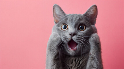 Surprised shocked cat face with paws on head on pink background with copy space.  AI Generative