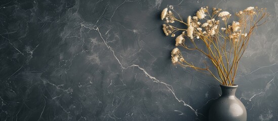 Chamomile flowers dried in a decorative vase become an accent piece on a uniform background of dark marble.