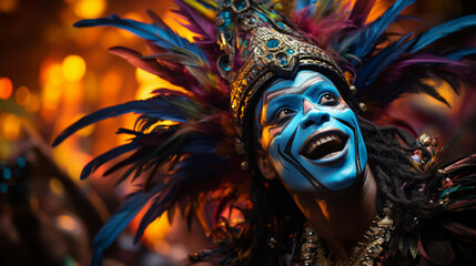 portrait of a sexy female in a colorful sumptuous carnival feather suit.