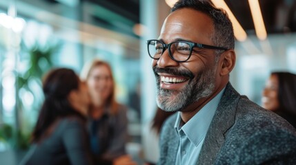 A mature businessman with a contagious smile enjoys a light-hearted moment, his laughter reflecting a positive and engaging workplace atmosphere