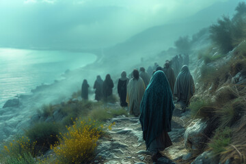 Staging of The disciples encountering the resurrected Jesus by the Sea of Galilee, emphasizing the continuity of Christ's presence in their lives.  Generative Ai. - obrazy, fototapety, plakaty