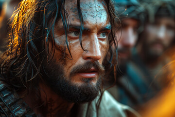 Imagination of Jesus appearing to Thomas, inviting him to touch his wounds, symbolizing the tangible reality of the resurrection. Concept of doubt transformed into belief. Generative Ai.