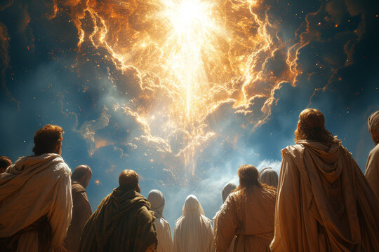 Imagination of The disciples witnessing the ascension of Jesus, left in awe and anticipation of the promised coming of the Holy Spirit. Concept of ascension and anticipation. Generative Ai.