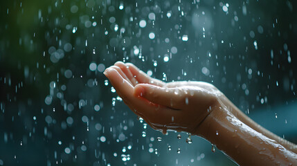 Close-up photo of a hand catching falling rainwater