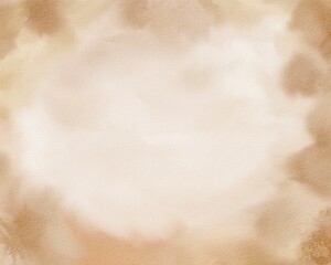 Old brown watercolor background. Paper parchment design with distressed vintage watercolor or coffee stains and ink spatter and white faded shabby center, elegant antique beige color