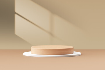 Modern 3d podium minimal wood display background with empty wooden beauty product design mockup banner or blank cosmetic presentation showcase stage natural advertising pedestal round step stand.