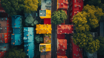 Aerial view of multi-colored roofs of city houses. Generative AI - obrazy, fototapety, plakaty