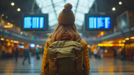 A girl traveler studies the transport schedule. Generative AI