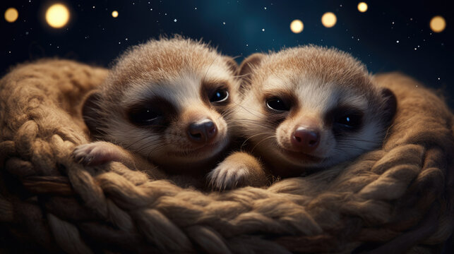 Cute Little baby Meerkat Mirkat animal sleeps soundly in the full moon, starry sky and clear night sky