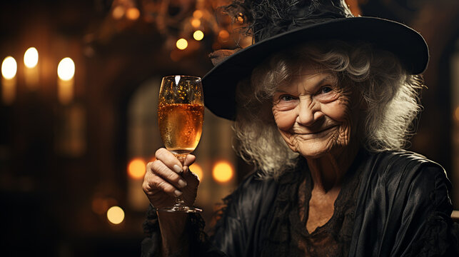 Halloween old lady in witch hat. woman in black with long red hair and makeup. holiday celebration. traditional party. Halloween old woman drink wine.