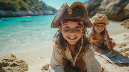 Children play pirates on the seashore.  Generative AI