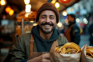 Friendly street food vendor holds out a paper bag of tacos to a customer. Generative AI