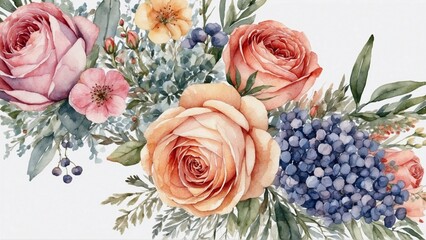 watercolour roses and wildflowers wedding  floral composition on white backdrop