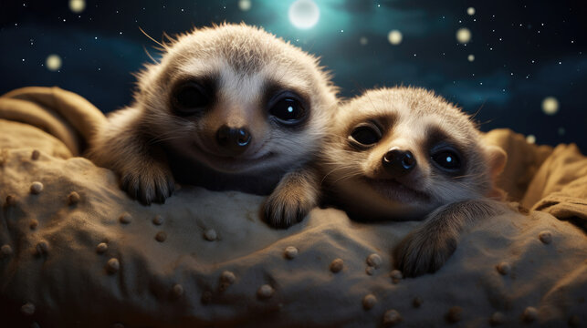 Cute Little baby Meerkat Mirkat animal sleeps soundly in the full moon, starry sky and clear night sky