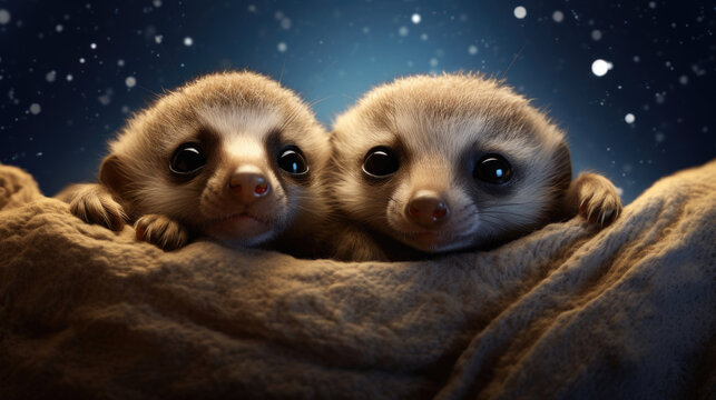 Cute Little baby Meerkat Mirkat animal sleeps soundly in the full moon, starry sky and clear night sky