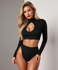 a woman in a black bikinisuit with a cut out top and high waist pants