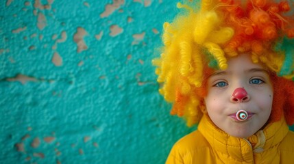 Fototapeta premium Young girl in colorful clown wig with whistle on turquoise background