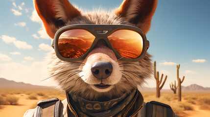 selfie portrait of a jolly coyote wearing sunglasses - obrazy, fototapety, plakaty