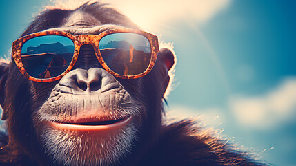 Close-up selfie portrait of a zany chimpanzee wearing sunglasses