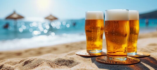Romantic couple enjoying beer on paradise beach on sunny summer day with text space