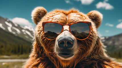 Close-up selfie portrait of an amusing bear wearing sunglasses