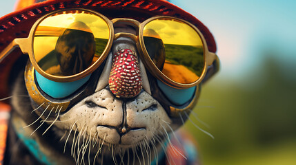 Close-up selfie portrait of a lively beetle wearing sunglasses - obrazy, fototapety, plakaty