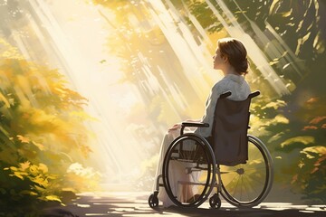 A woman in a wheelchair is bathed in the ethereal light of a sun-drenched forest, reflecting a moment of peace and connection with nature - obrazy, fototapety, plakaty