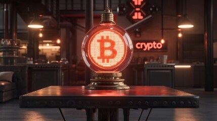 Interactive holographic shining crypto icon floating in the air, futuristic technology concept