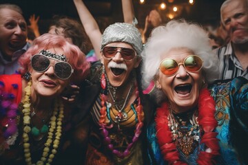 A vibrant senior group enjoys a lively party. The lady with pink hair and sparkling sunglasses, the gentleman in a silver cap, and the lady with white hair and gold-hued glasses radiate joy - obrazy, fototapety, plakaty
