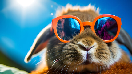 Close-up selfie portrait of a silly rabbit wearing sunglasses - obrazy, fototapety, plakaty