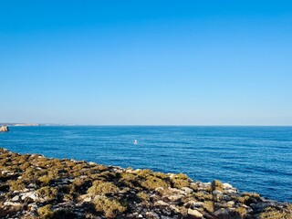 Fototapeta na wymiar Rocky coast of the ocean bay, clear blue sky, ocean horizon, rocks