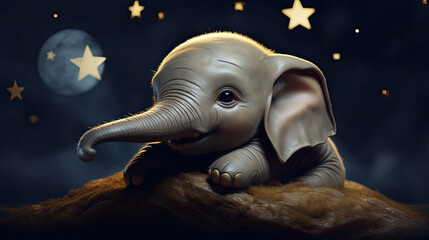 Cute Little baby Elephant animal in a sleeping hat sleeps soundly in the full moon, starry sky and clear night sky created with Generative AI Technology