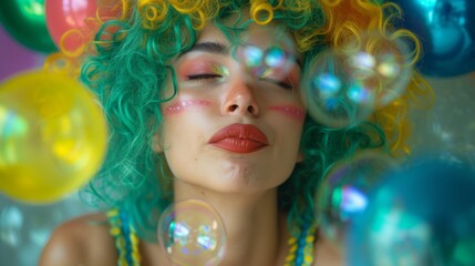 Close-up of a woman with vibrant wig amidst floating bubbles