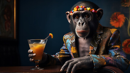 portrait of a zany chimpanzee with a cocktail - obrazy, fototapety, plakaty