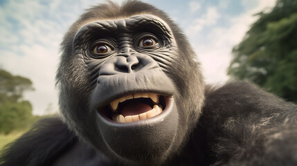 Close-up selfie portrait of a playful gorilla - obrazy, fototapety, plakaty