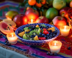 Fruit salad with candles on a dinner table, decorated ramadan tables picture