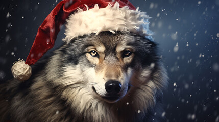 Portrait of a wolf in Santa hat. Christmas background