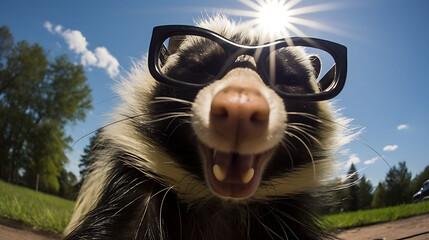 selfie portrait of a hysterical skunk wearing sunglasses. - obrazy, fototapety, plakaty