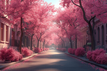 Blossoming cherry trees lining the streets, painting the urban landscape with hues of pink and...