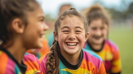 Happy female kids in a rugby team during a training session, sharing a joyful moment with genuine smiles and colorful sportswear