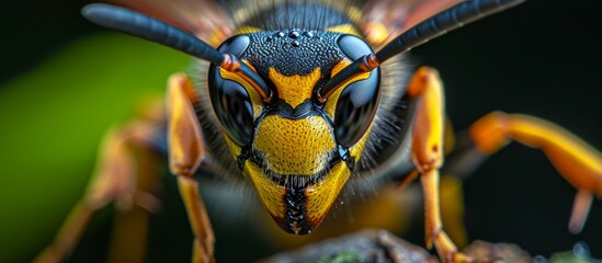 A macro photograph capturing the face of an insect, possibly a wasp, perched on a rock. It could be a pollinator, pest, or even a parasite to terrestrial plants. - obrazy, fototapety, plakaty